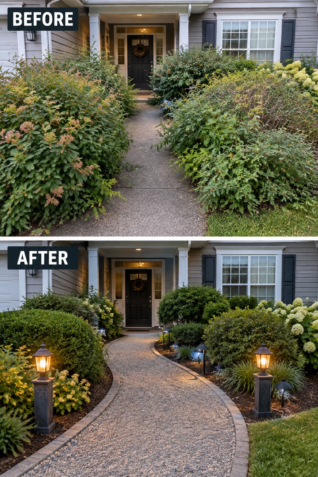 Before and after landscaping of house entrance with gravel path and manicured bushes