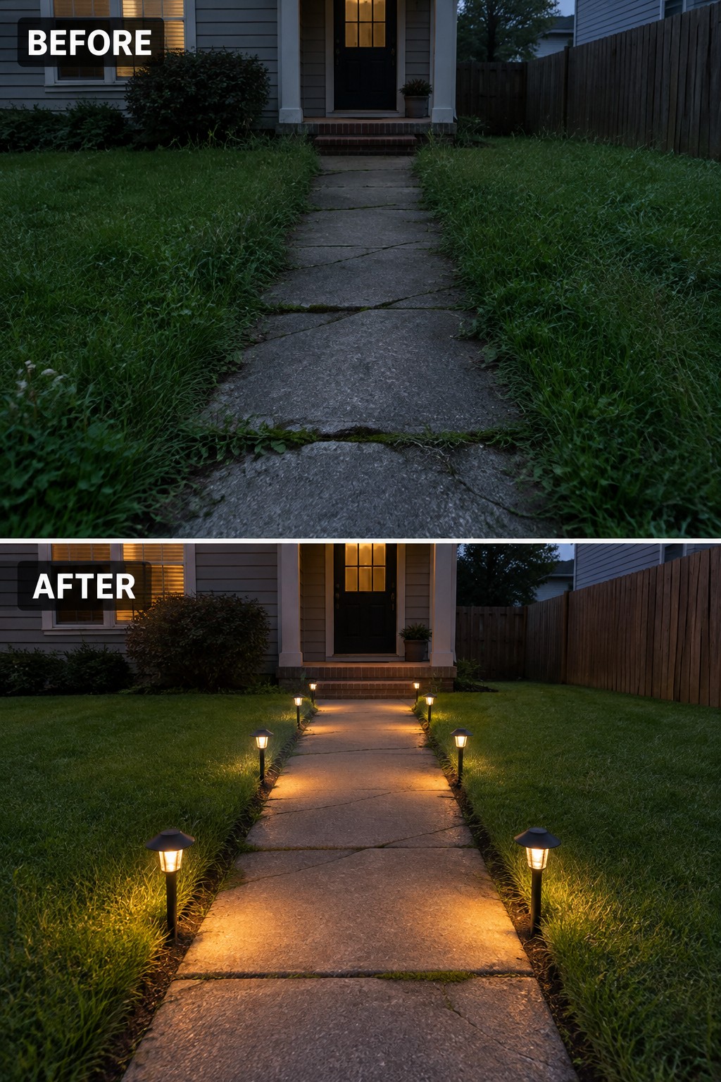 Before-and-after view of cracked walkway lined with glowing solar path lights at dusk