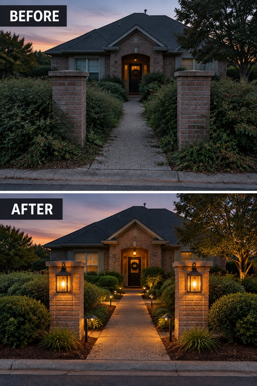 Before and after of brick house with added pathway lanterns and landscape lights at dusk