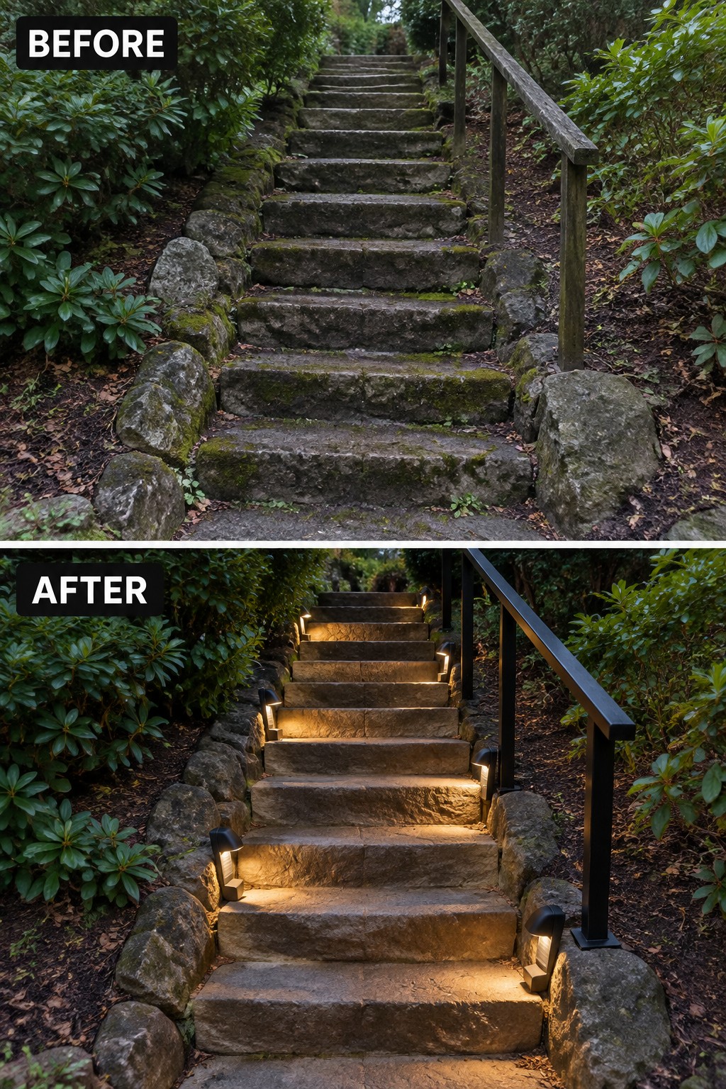 Before-and-after image of moss-covered stone garden stairs updated with low pathway lights along the edges.