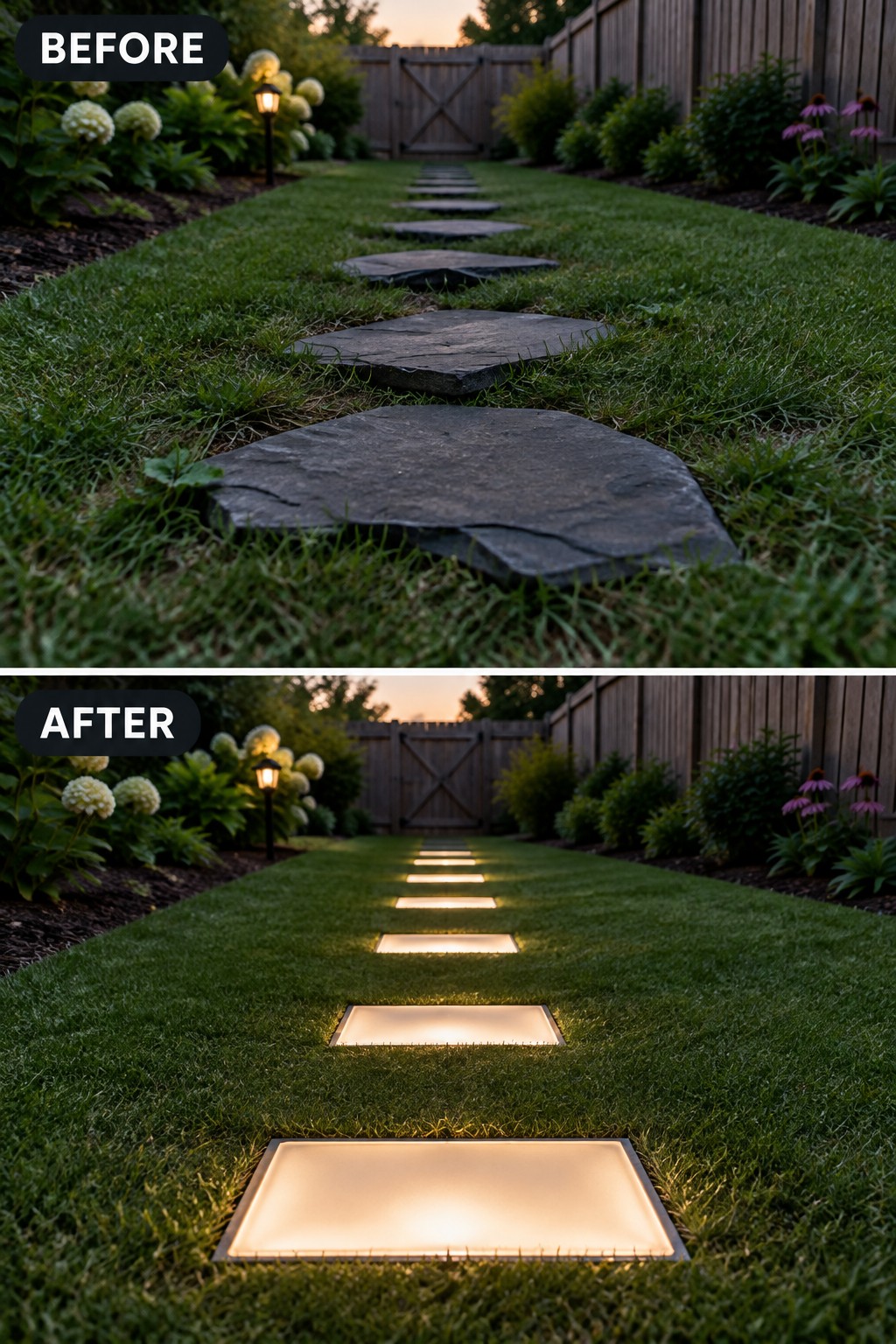 Before-and-after image of a garden path with irregular dark stepping stones changed to a lawn walkway lined with glowing rectangular in-ground lights.