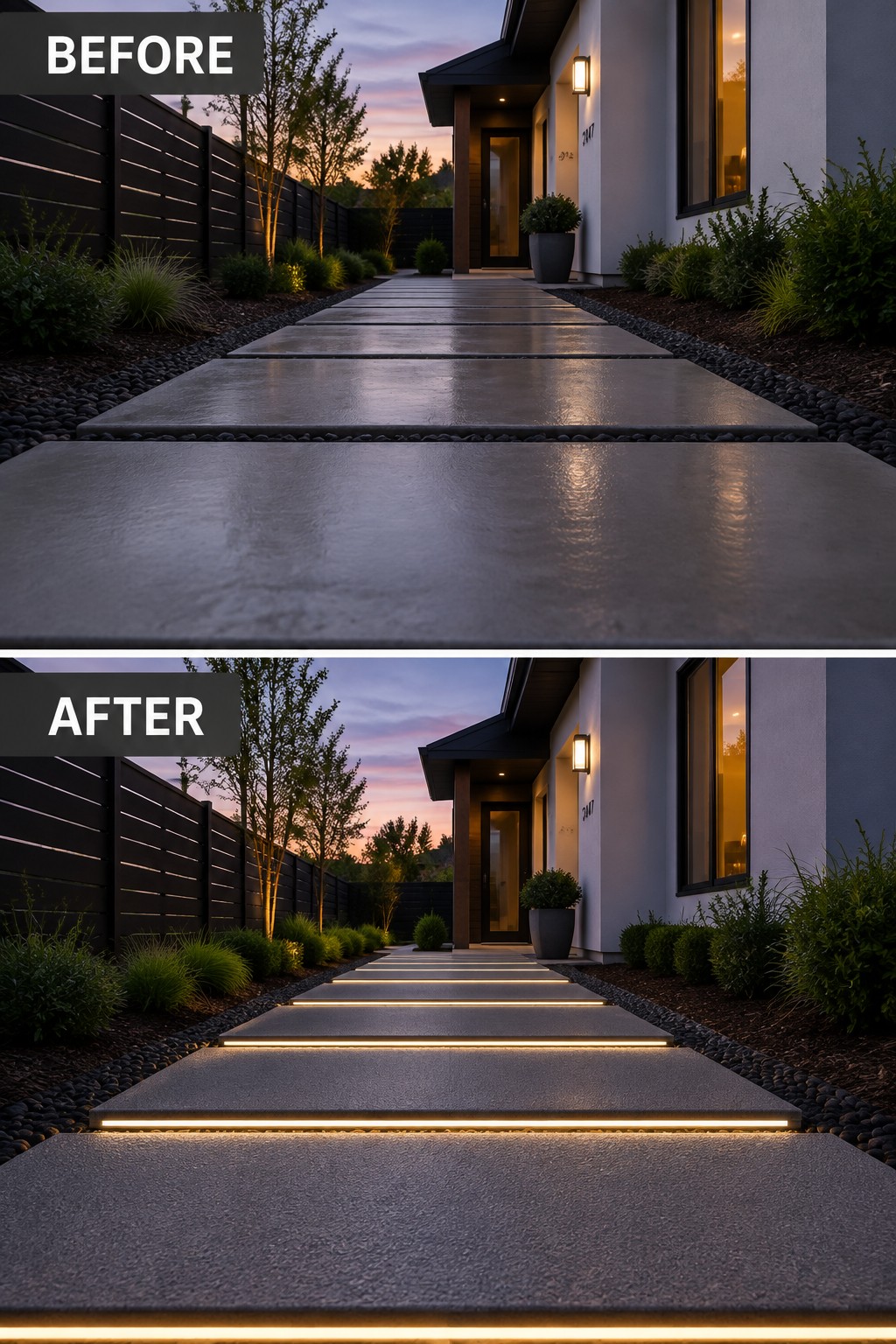 Before and after of modern walkway with glowing LED strip lights at dusk
