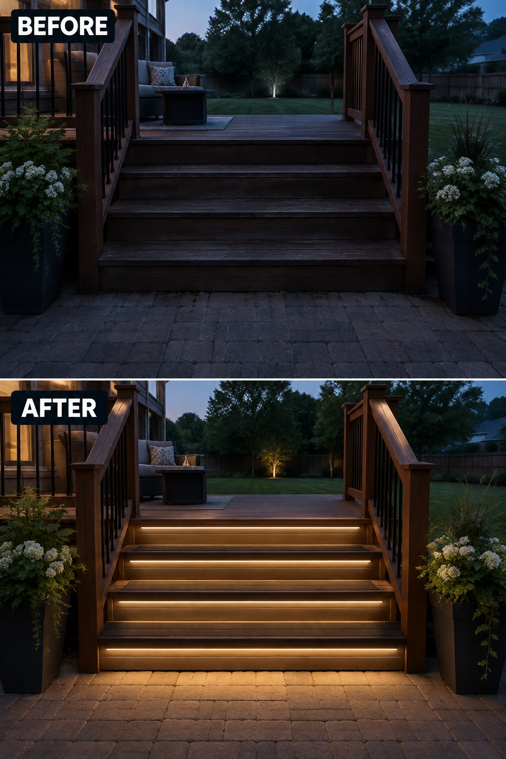 Before and after of wooden deck stairs with glowing LED step lights