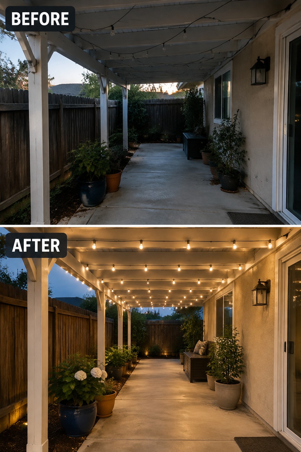 Before and after patio views with string lights glowing warmly at dusk