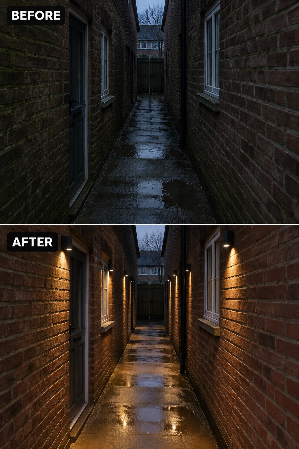 Before-and-after brick alley with new wall lights reflecting on wet pavement
