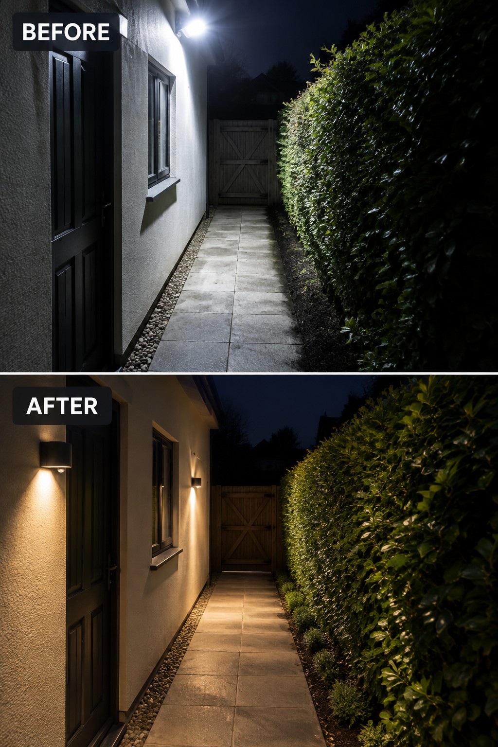 Before-and-after image of a narrow side walkway showing a single overhead light replaced by several wall-mounted sconces for even path illumination.
