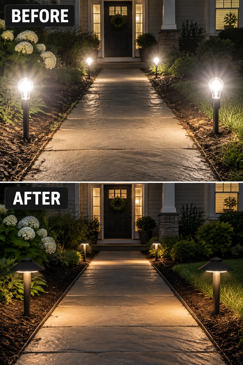 Before-after split of house walkway with harsh glaring lights versus soft hooded path lighting