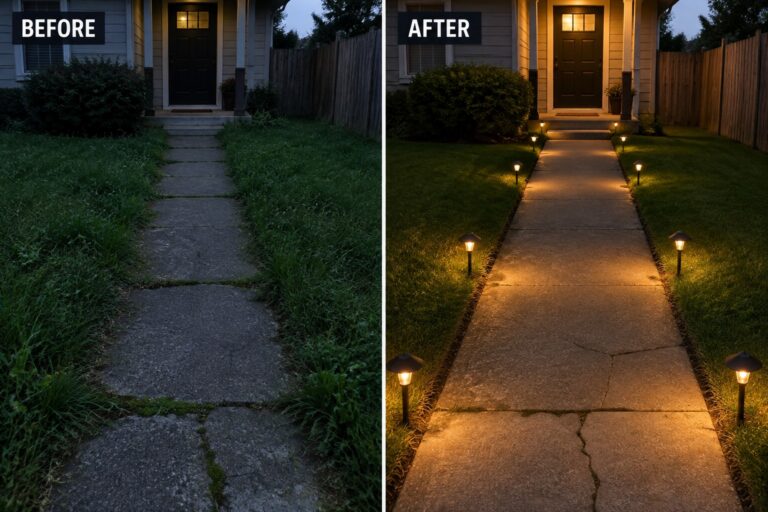 23 Practical Garden Lighting Remodel Ideas for Safer Walkways Before-and-after view of cracked walkway lined with glowing solar path lights at dusk