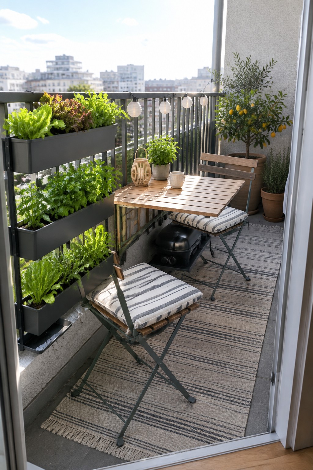 A small balcony with a multi-tier vertical planter mounted on the metal railing, a wooden table with two folding chairs, and several potted plants along the side.