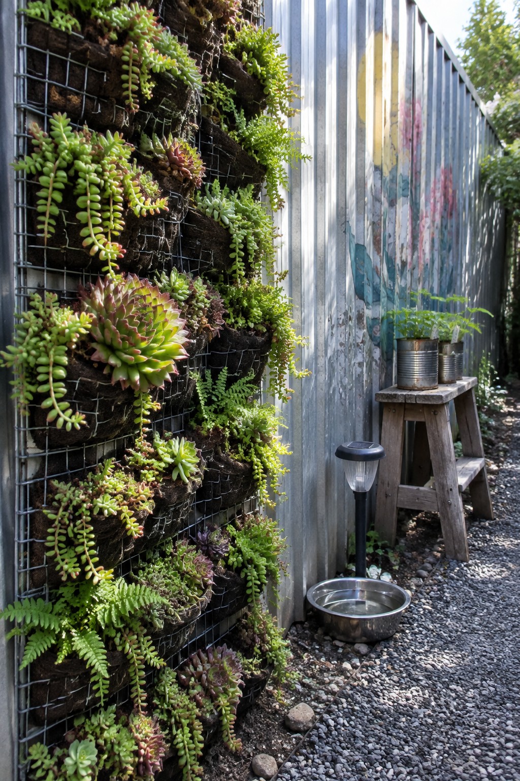 A tall vertical garden wall made of wire mesh pockets filled with soil and various succulents and ferns, mounted against a corrugated metal wall beside a gravel path.