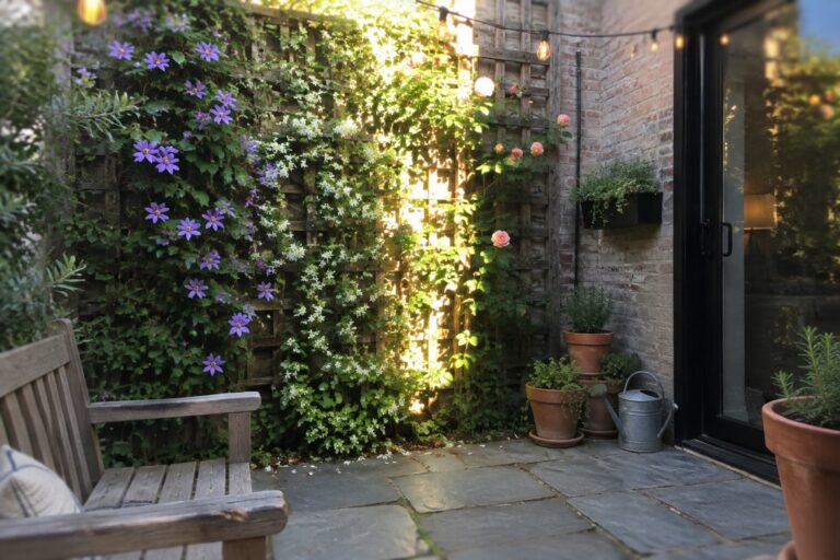 21 Practical Small Garden Design Ideas Using Vertical Planting to Save Ground Space Cozy stone patio with climbing purple clematis, pink roses, and string lights