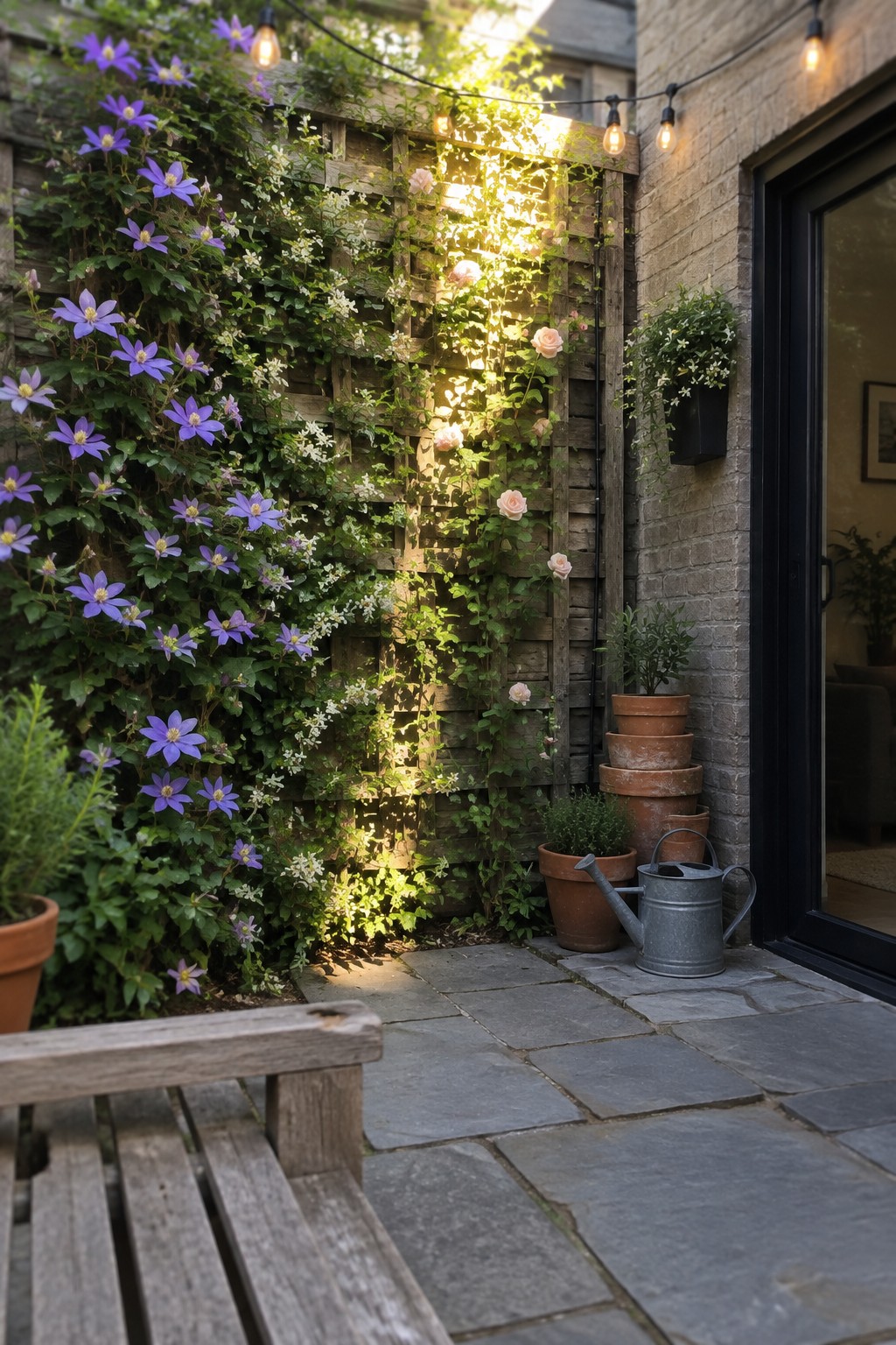 Cozy stone patio with climbing purple clematis, pink roses, and string lights