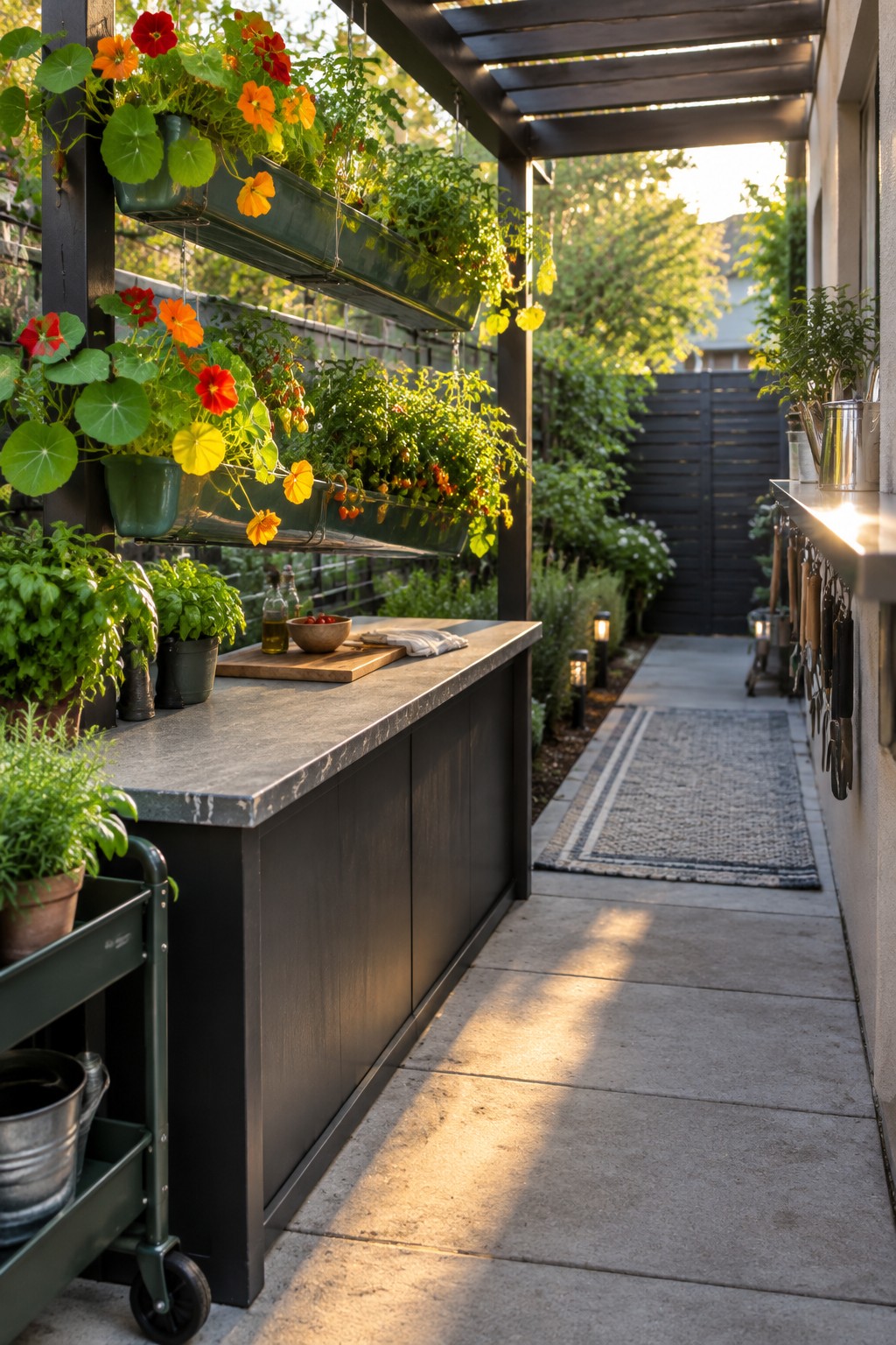 Outdoor kitchen counter with multiple hanging green trough planters filled with flowers and herbs along a concrete garden path.