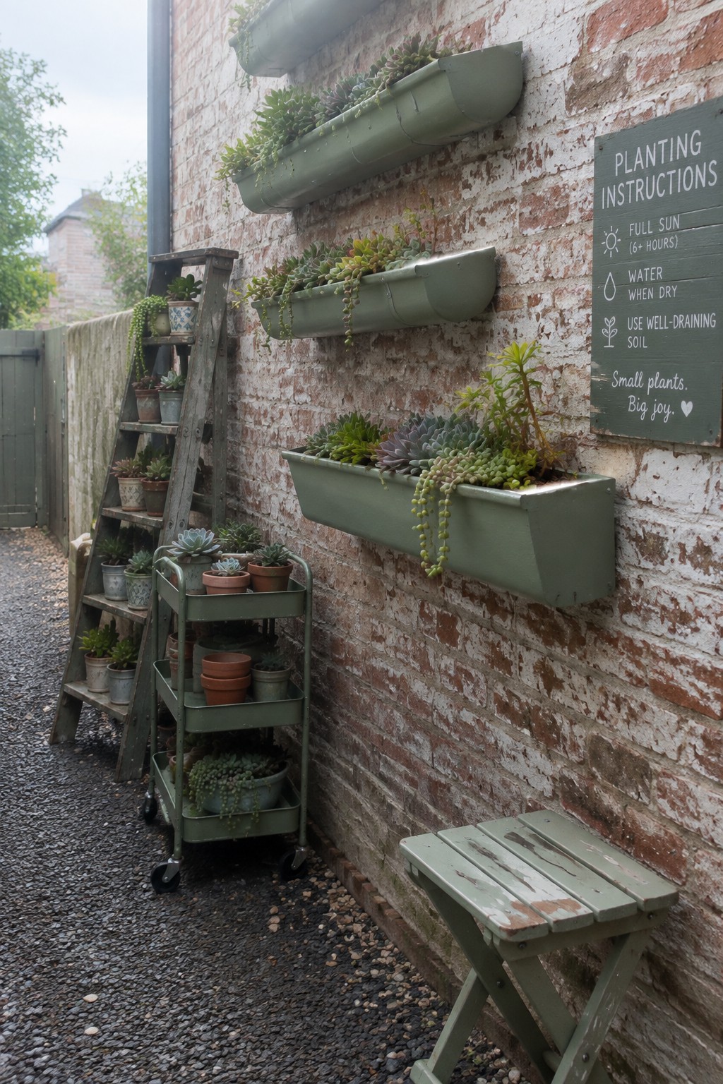 A brick wall fitted with several green wall-mounted trough planters holding succulents, next to a wooden ladder and rolling cart also displaying potted plants in a gravel outdoor area.