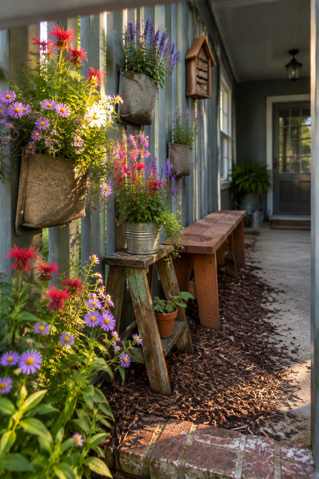 Vibrant flowers in wall planters and metal bucket beside wooden bench on porch