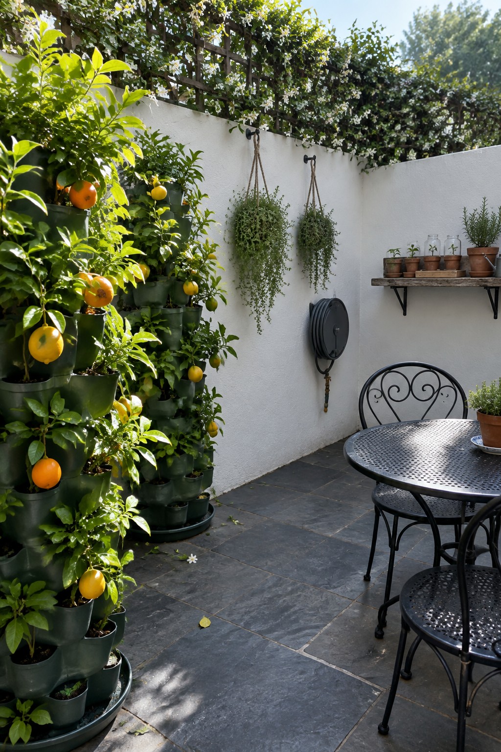 A patio corner with a tall stack of green vertical planters growing citrus trees along a white wall, next to a round metal table and chairs.