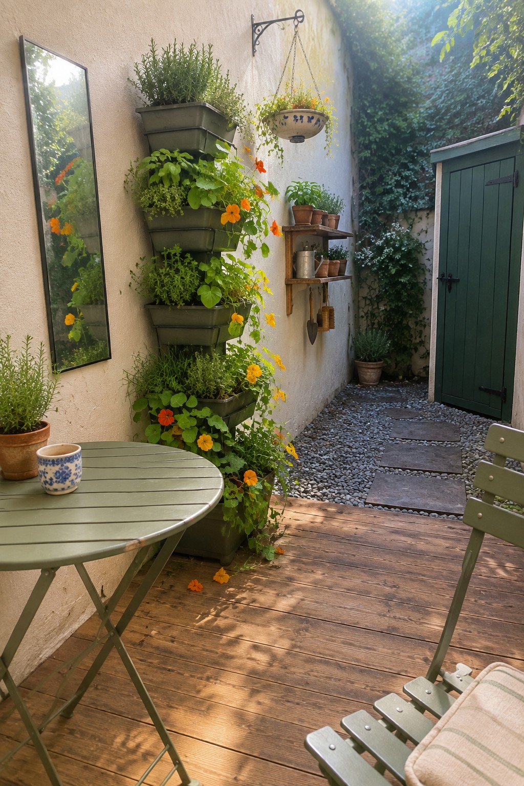 A wooden deck patio features a tall stack of green vertical planters filled with green foliage and orange flowers against a beige wall, next to a round table, chairs, and a gravel garden path.