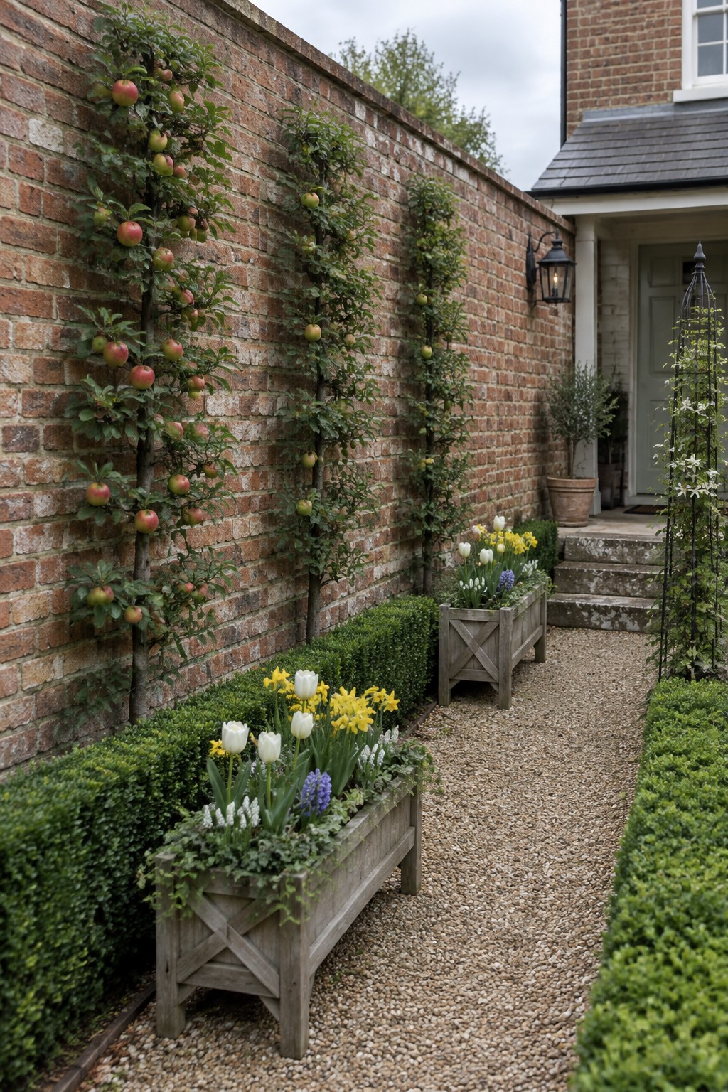 Gravel path lined with wooden flower planters and espaliered apple trees on brick wall