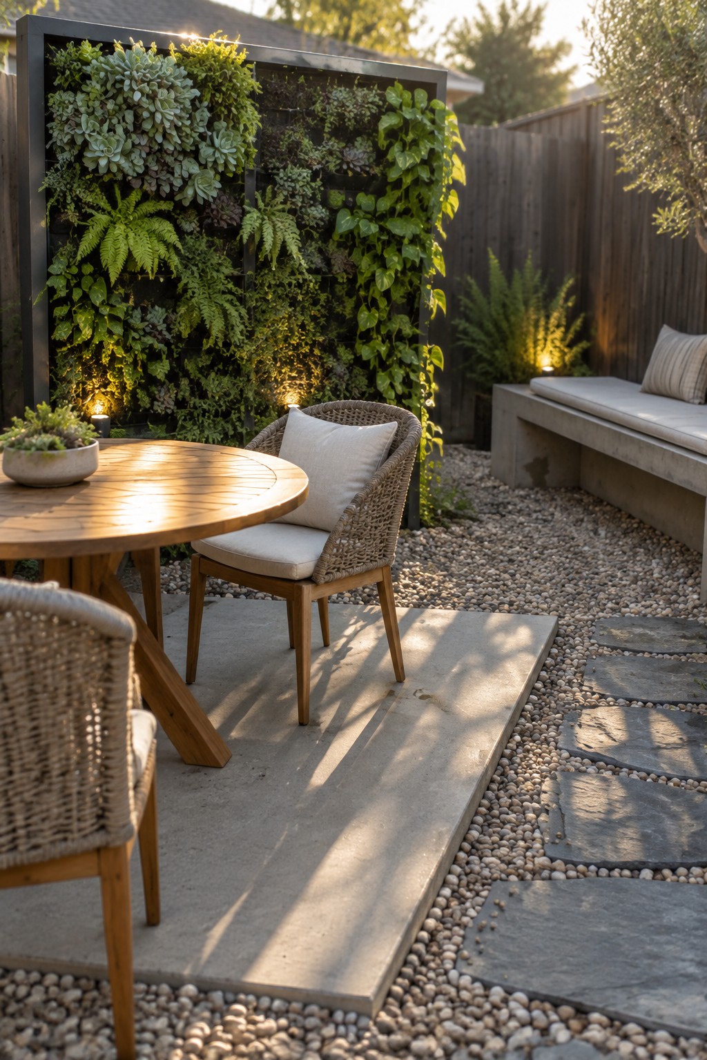 A round wooden table with woven chairs sits on concrete pavers in front of a large black-framed vertical garden panel filled with succulents, ferns, and trailing vines, next to a gravel path with stone stepping stones.
