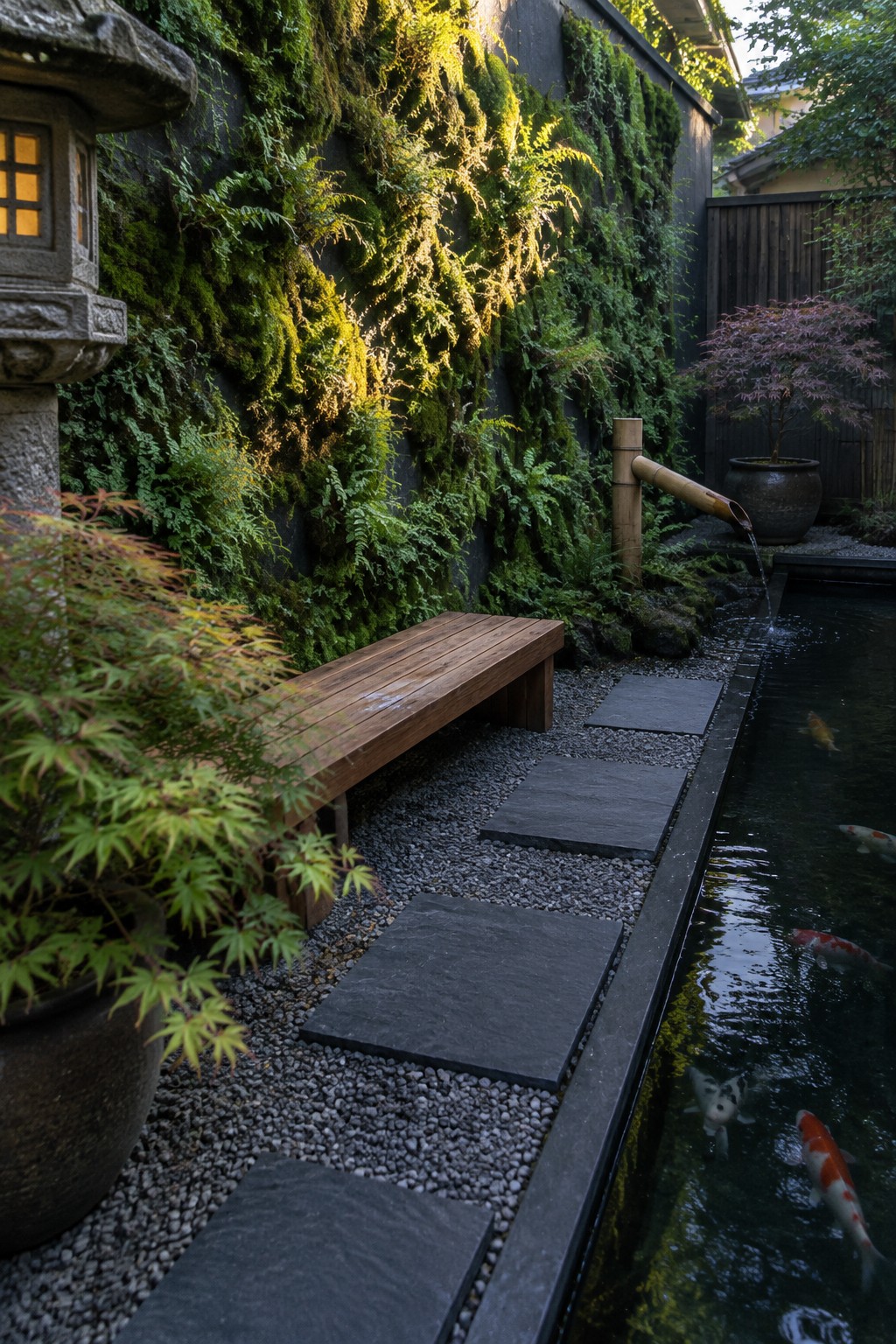 A narrow garden path with stepping stones runs beside a pond containing koi fish, next to a tall wall covered in dense green ferns and moss.