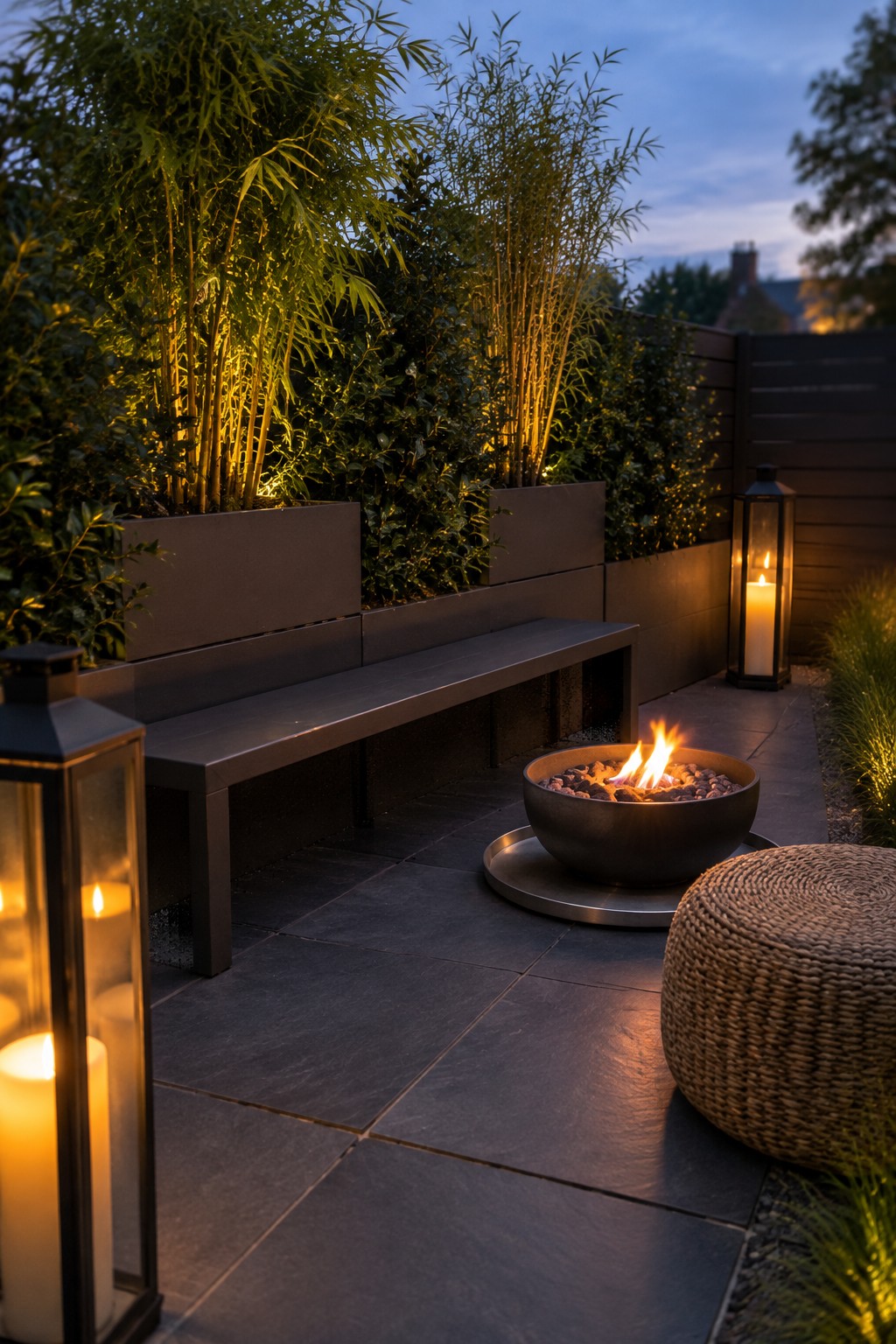 A modern outdoor patio with a dark metal bench, round fire pit, woven stool, and tall bamboo plants growing in raised rectangular planters along a dark fence, lit by lanterns at dusk.