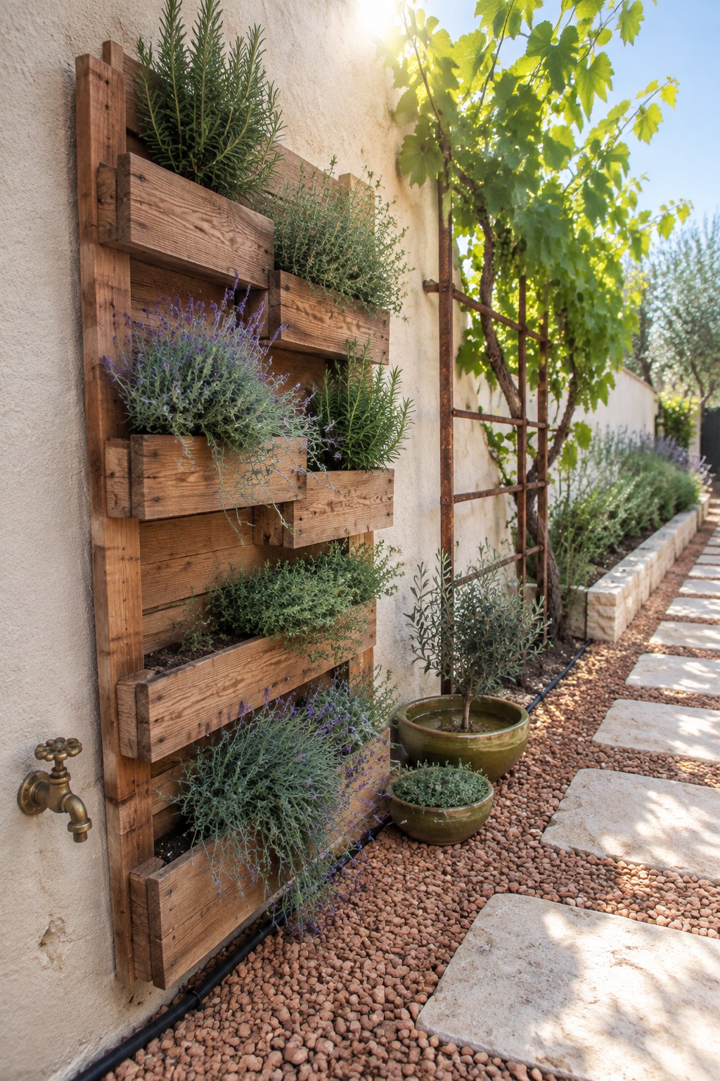 A multi-level wooden vertical planter filled with herbs and purple flowers is mounted on an outdoor wall beside a gravel path with stone pavers.