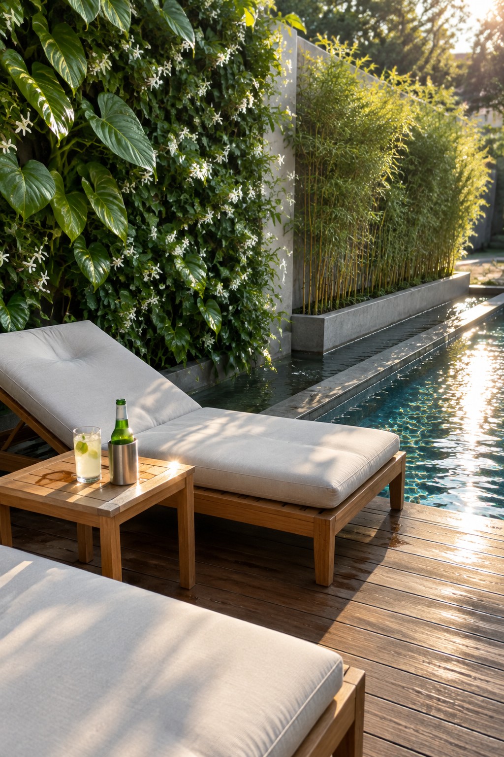 Wooden lounge chairs with gray cushions beside a pool on a deck with lush greenery