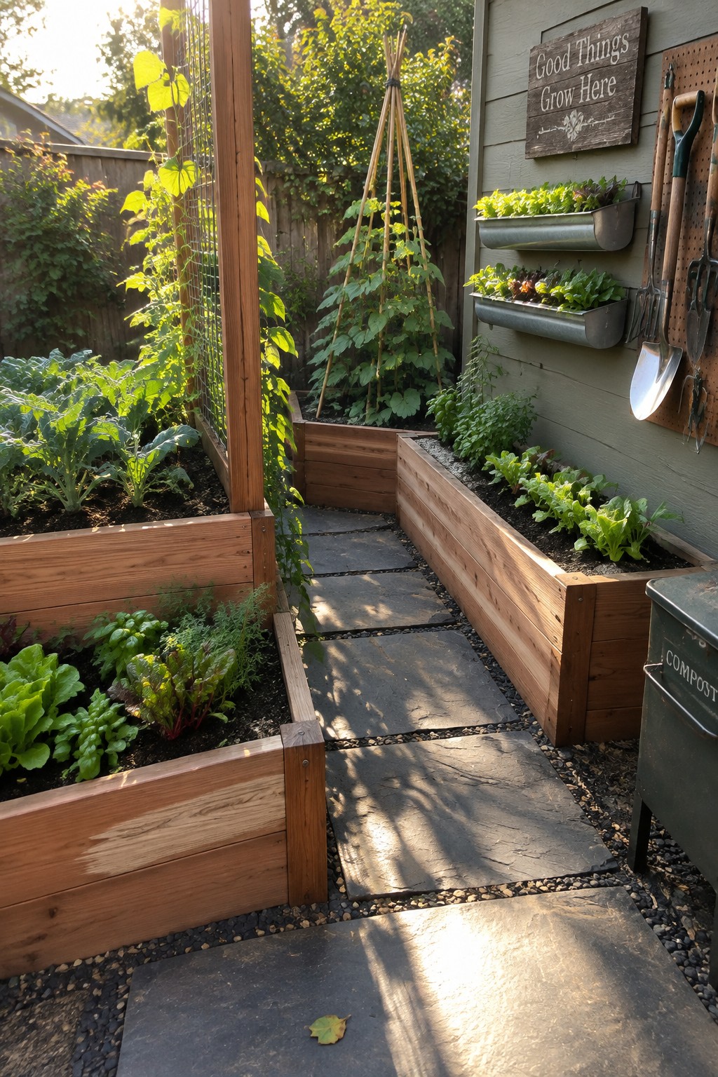 Raised wooden garden beds with greens along a stone path, tools on wall.