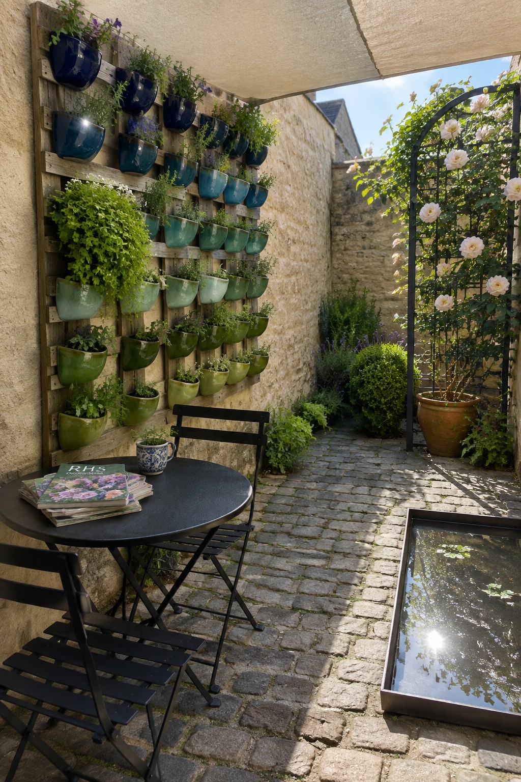 A wooden pallet mounted on a stone wall holds multiple rows of colorful ceramic pots filled with green plants in a small cobblestone courtyard.