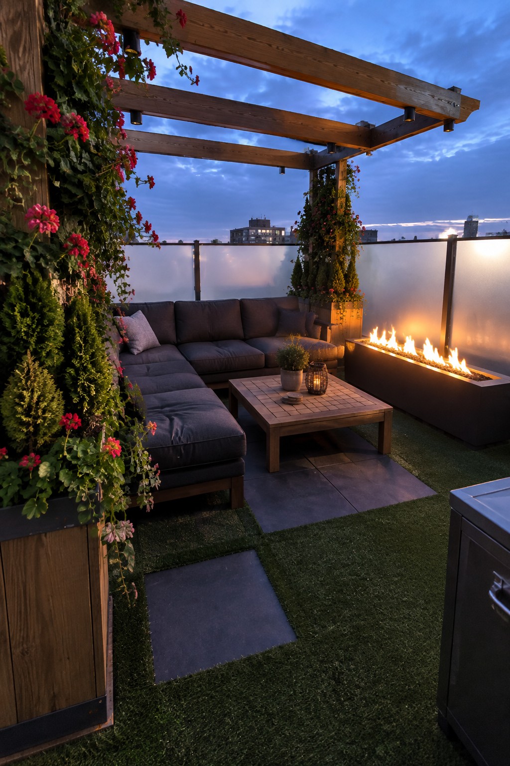 A rooftop terrace at dusk features an L-shaped sectional sofa, wooden coffee table, linear fire pit, and a tall vertical garden wall covered in green foliage and red flowers beneath a wooden pergola.