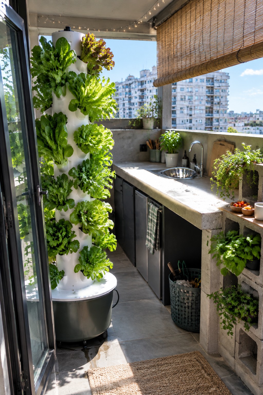 A tall white vertical planter tower filled with leafy greens stands on a tiled balcony beside a concrete outdoor counter with a sink and cinder block side planters.