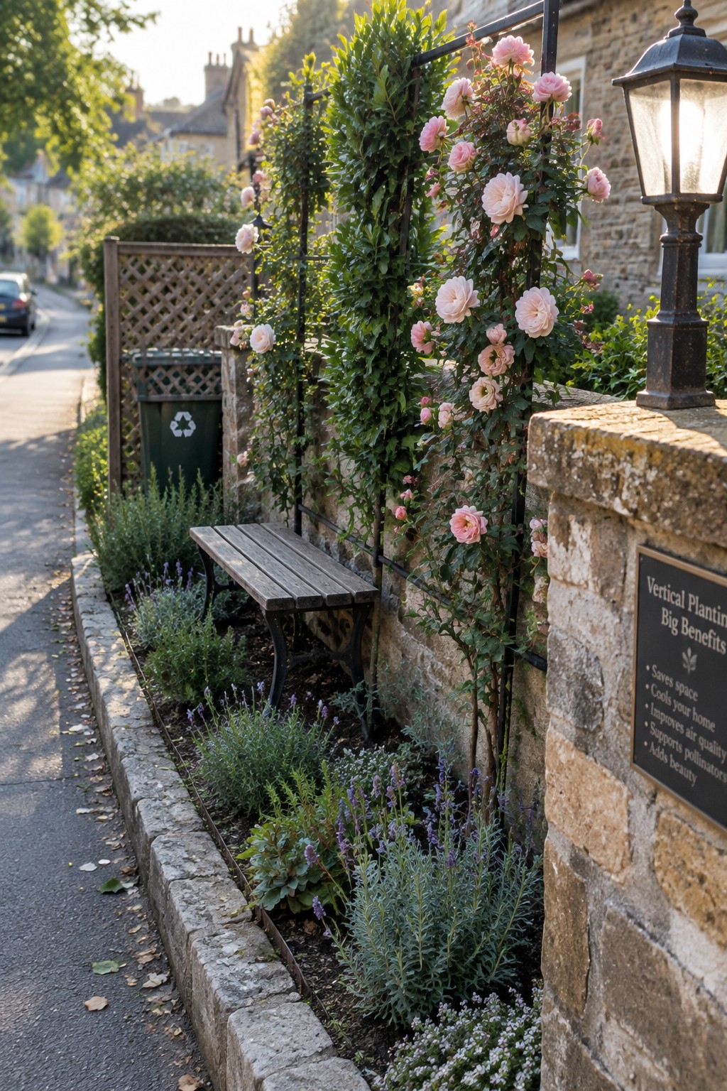 A narrow garden bed runs along a stone wall with a black metal trellis supporting pink climbing roses, lower lavender plants, and a wooden bench placed in front.