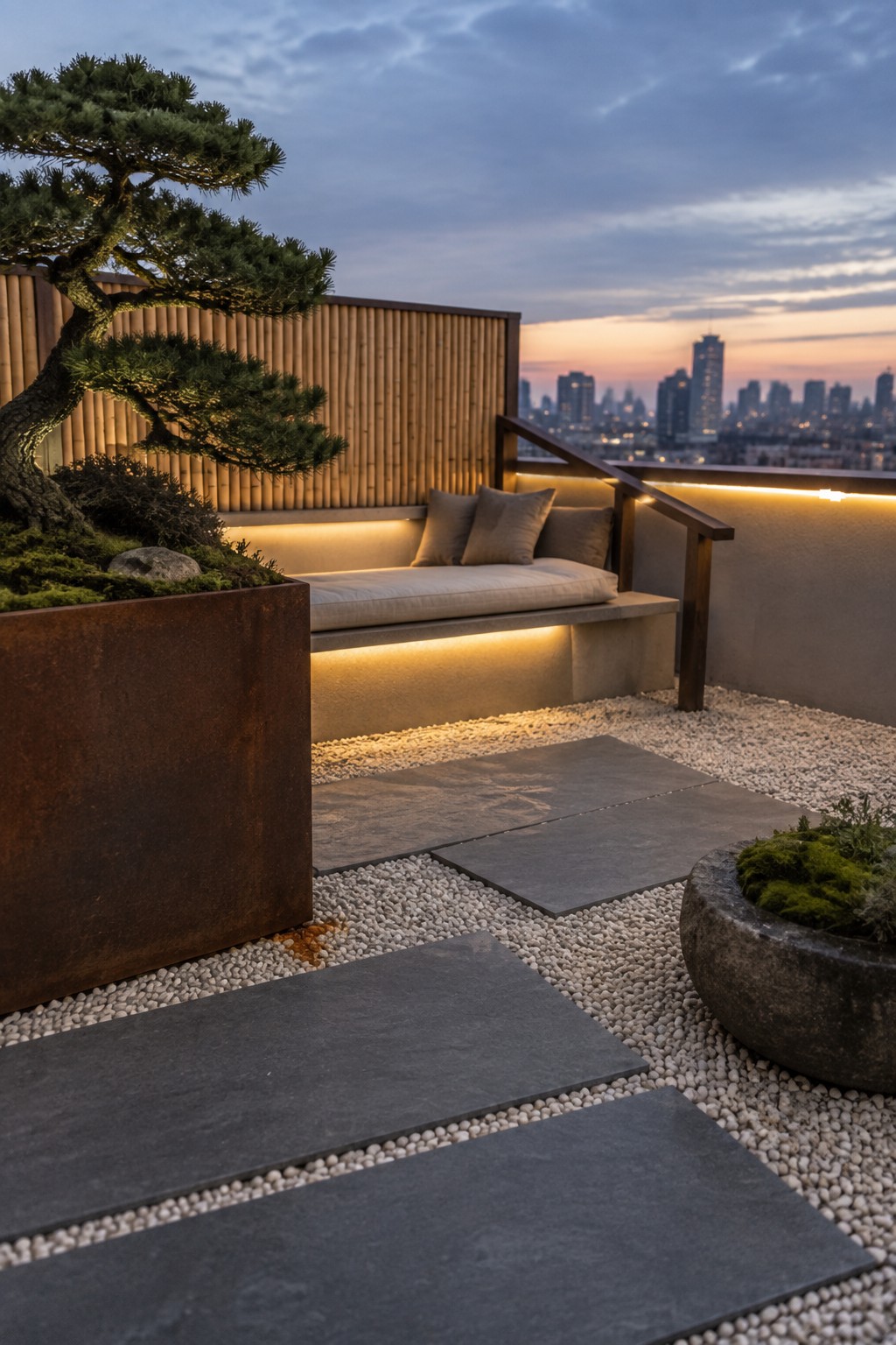 A rooftop terrace at dusk features a built-in bench against a bamboo screen, gravel ground with stone pavers, a large rusted metal planter holding a bonsai tree, and a city skyline in the background.