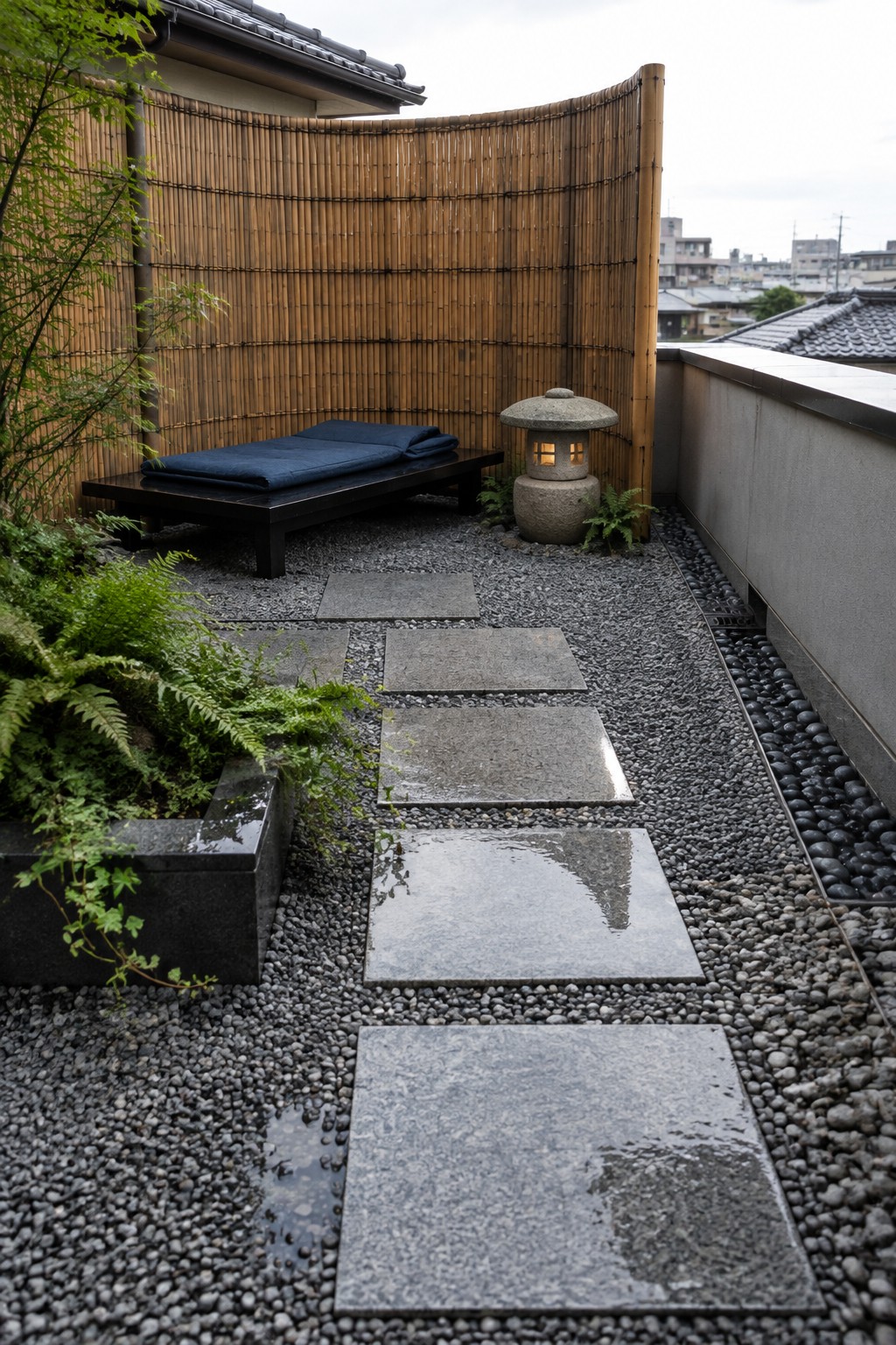 Japanese zen garden with wet stone path, bamboo fence, lantern, and daybed