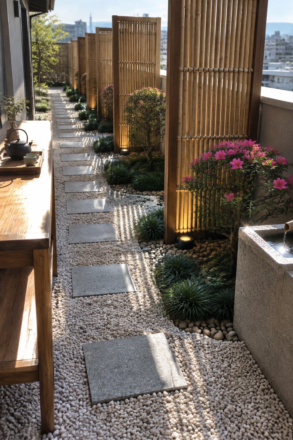 A rooftop garden featuring a gravel path with stone stepping stones, vertical bamboo screens, flowering shrubs, and a stone water basin.