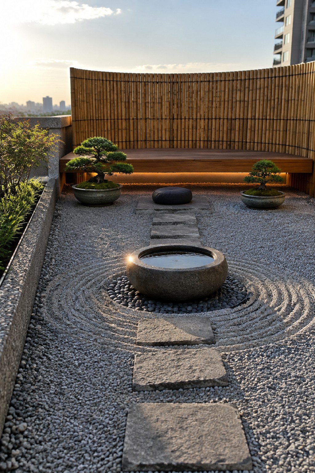 Rooftop zen garden with raked gravel, central stone basin, bonsai trees, and wooden bench.