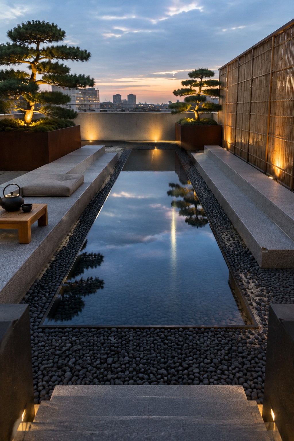 A rooftop garden at dusk features a long rectangular reflecting pool bordered by dark gravel, stone platforms, two large bonsai trees in metal planters, a bamboo screen on the right, and a small wooden table with a teapot on the left.