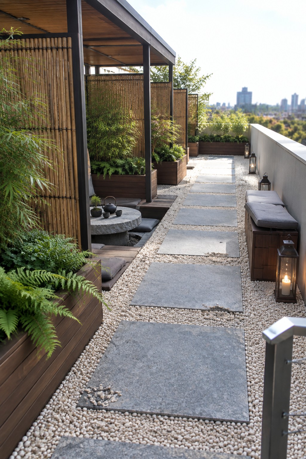 A rooftop terrace features a gravel path with large gray stone stepping stones, tall bamboo screens on the left, wooden planters with green plants, and lit lanterns beside a low bench.