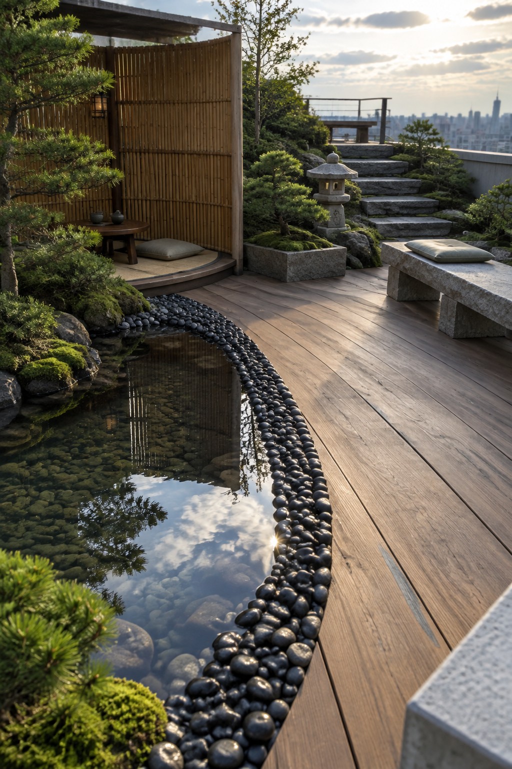 A wooden rooftop deck curves around a pebble-edged pond with a bamboo screen enclosing a small seating area, a low table, cushions, a stone lantern, and bonsai plants overlooking a city skyline.