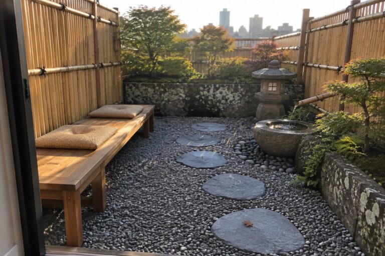 19 Serene Japanese-Inspired Roof Garden Ideas Centered on Stone, Gravel, and Bamboo Screens A rooftop Japanese garden with gravel, irregular stepping stones, a stone water basin, bamboo screens, a wooden bench, and a distant city skyline.