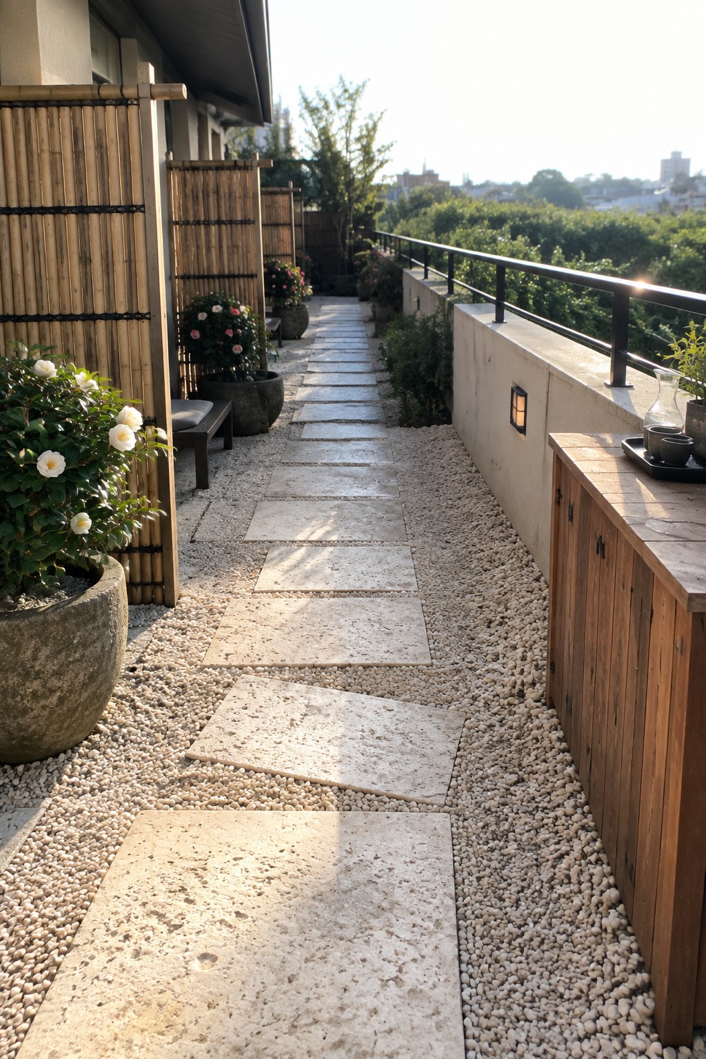 A rooftop terrace path made of large stone slabs set in gravel, running beside a bamboo fence on the left and a wooden cabinet on the right, with potted plants and distant city views.