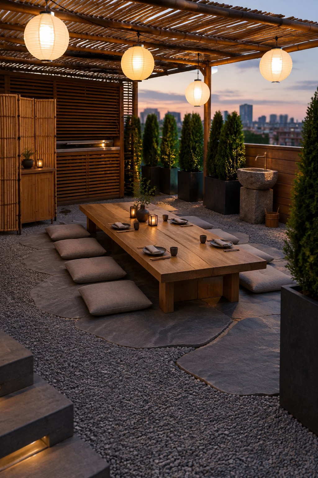 Rooftop patio with long wooden table, floor cushions, and glowing paper lanterns at dusk