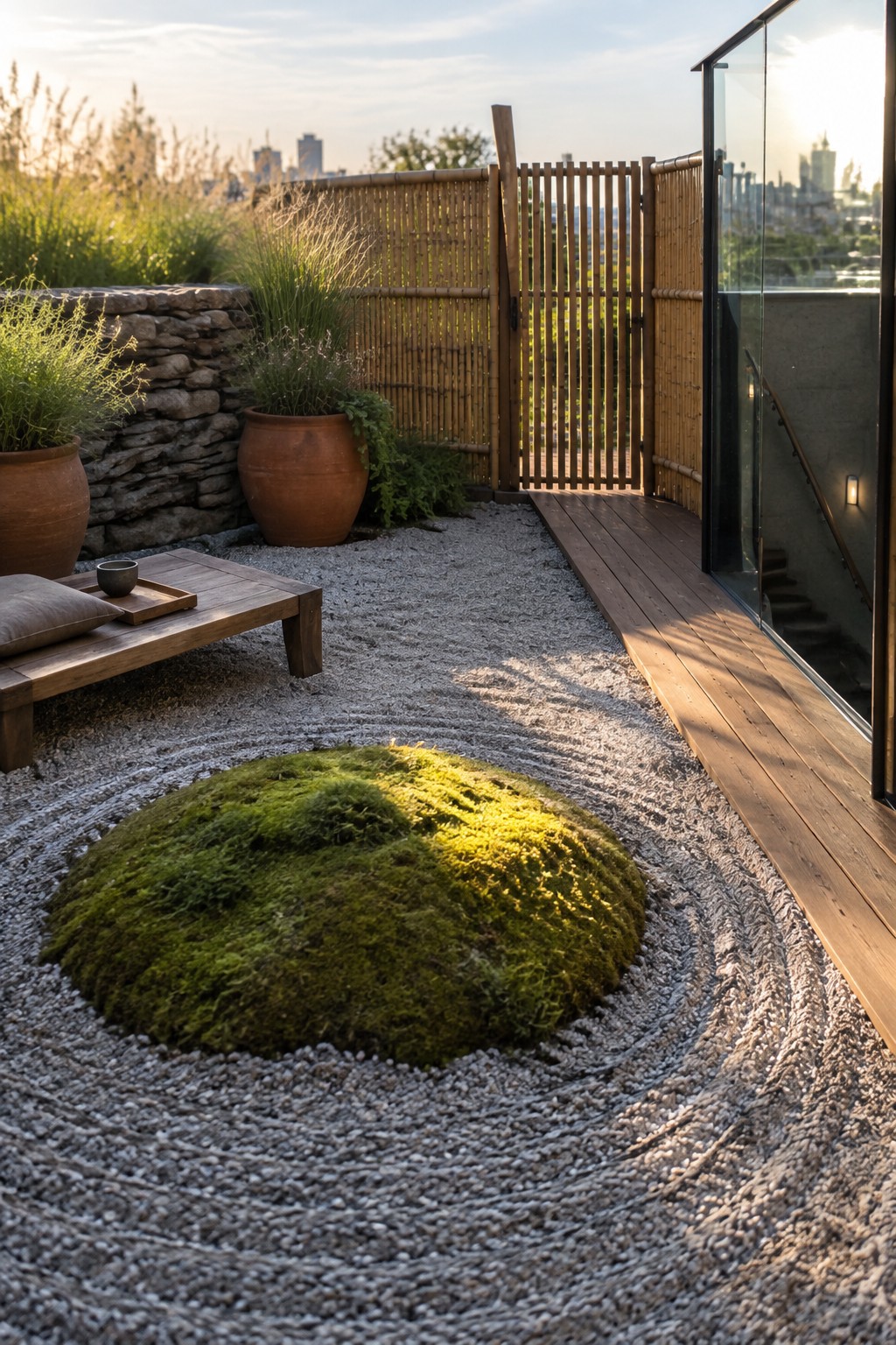 A rooftop terrace shows a large circular moss bed set in raked gravel, bordered by bamboo fencing, a wooden deck, and terracotta pots against a city skyline.