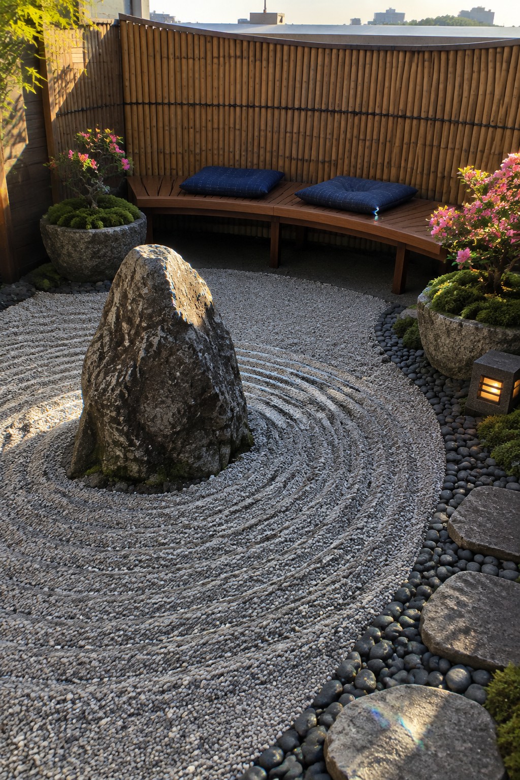 A rooftop garden features a large central rock surrounded by raked gravel patterns, a curved wooden bench with cushions against a bamboo screen, and stone planters with flowering plants.