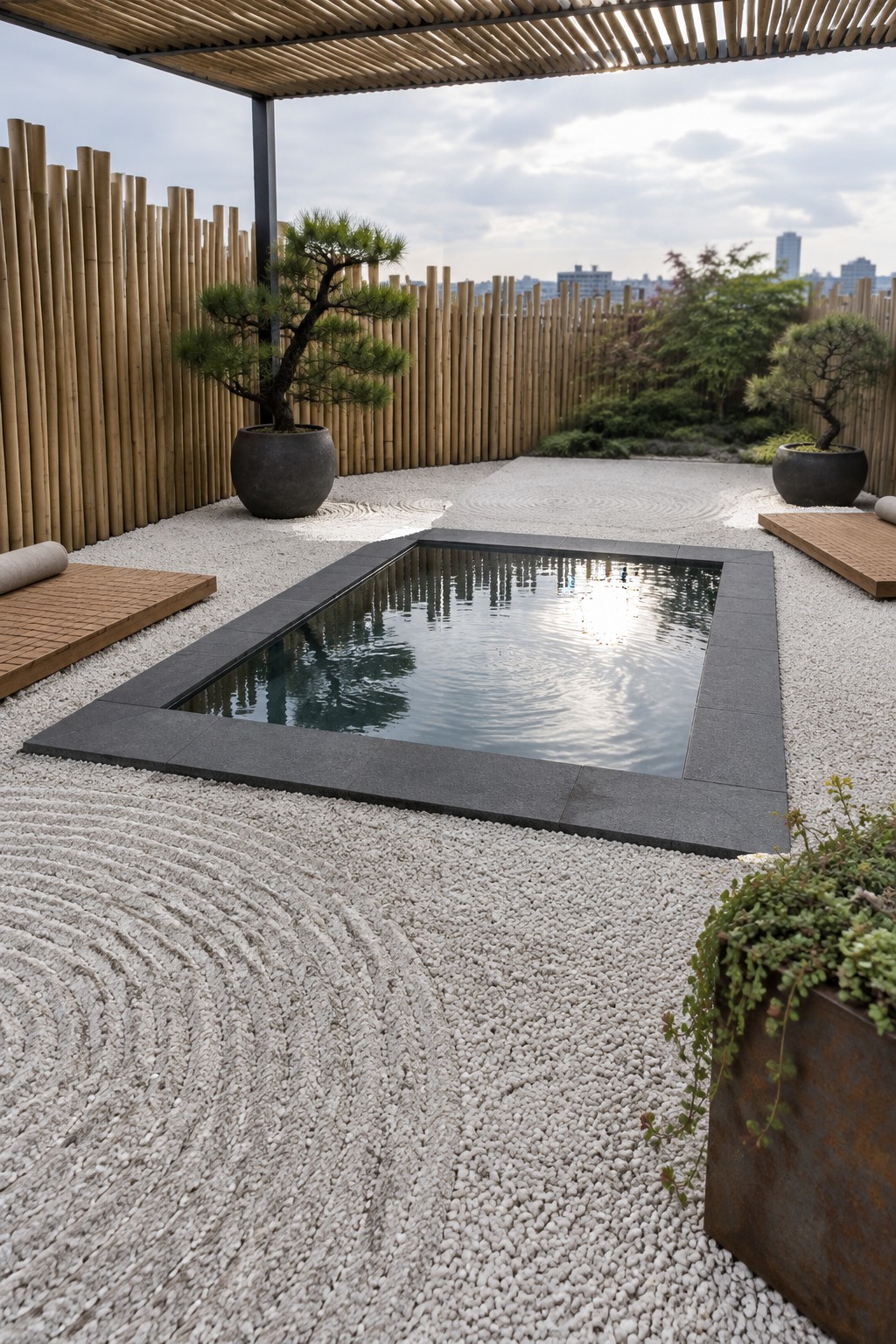 A rooftop garden shows a rectangular pool bordered by dark stone and surrounded by white gravel with raked circular patterns, bamboo fencing, and potted trees.