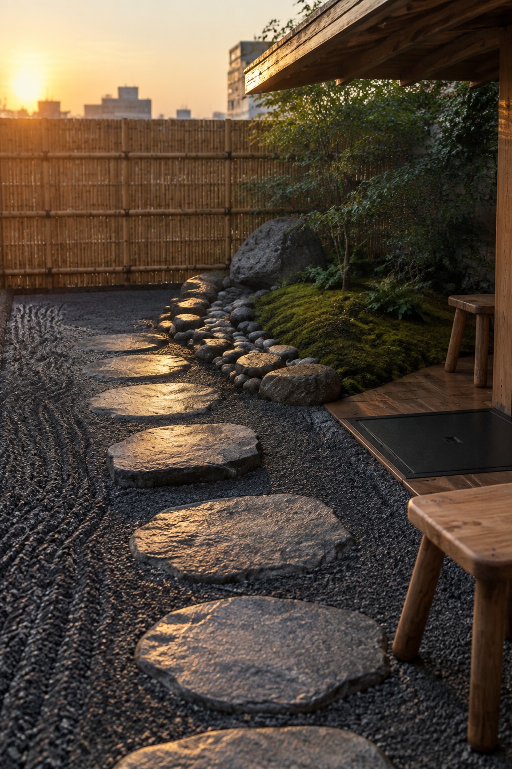 A rooftop garden path of large irregular stepping stones set in dark gravel, bordered by smaller rounded stones, with a bamboo fence and moss-covered ground visible at sunset.