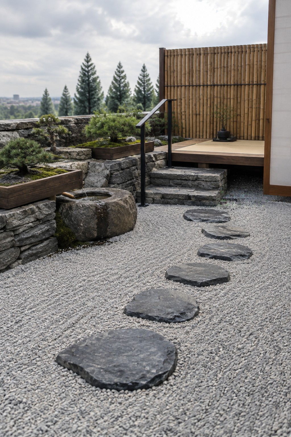 Gravel path with stepping stones leads past stone basin to bamboo-fenced wooden deck.