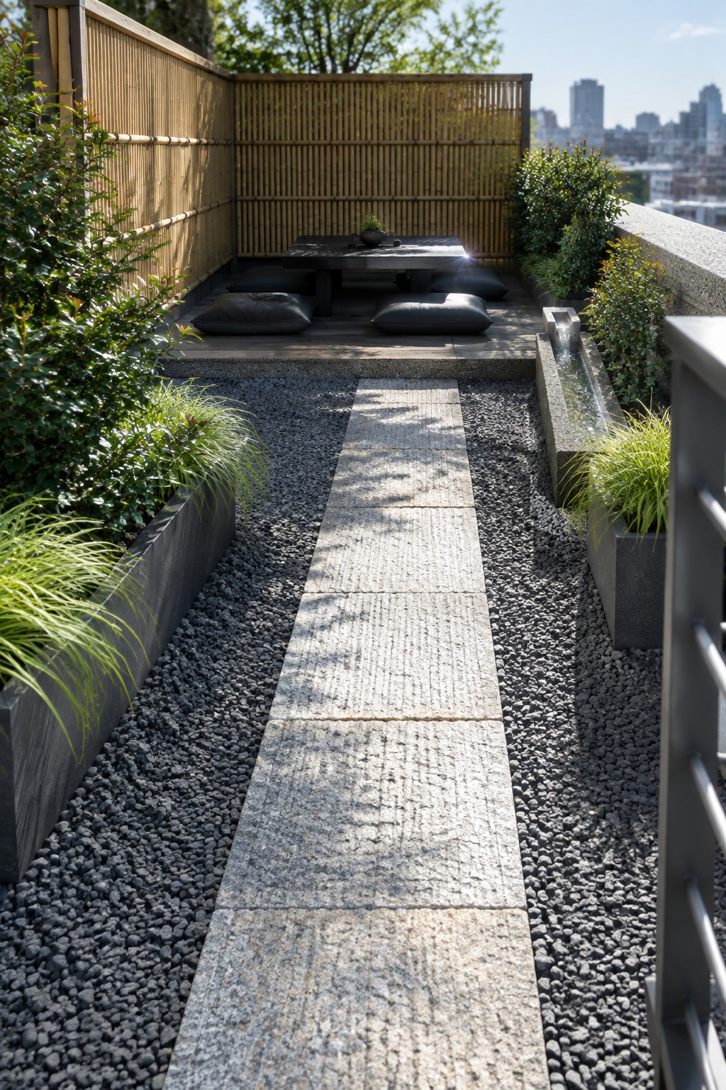 A rooftop garden shows a straight path of large rectangular stone pavers set in dark gravel, leading toward a low wooden table with cushions, bordered by bamboo fencing and raised planters with green plants.
