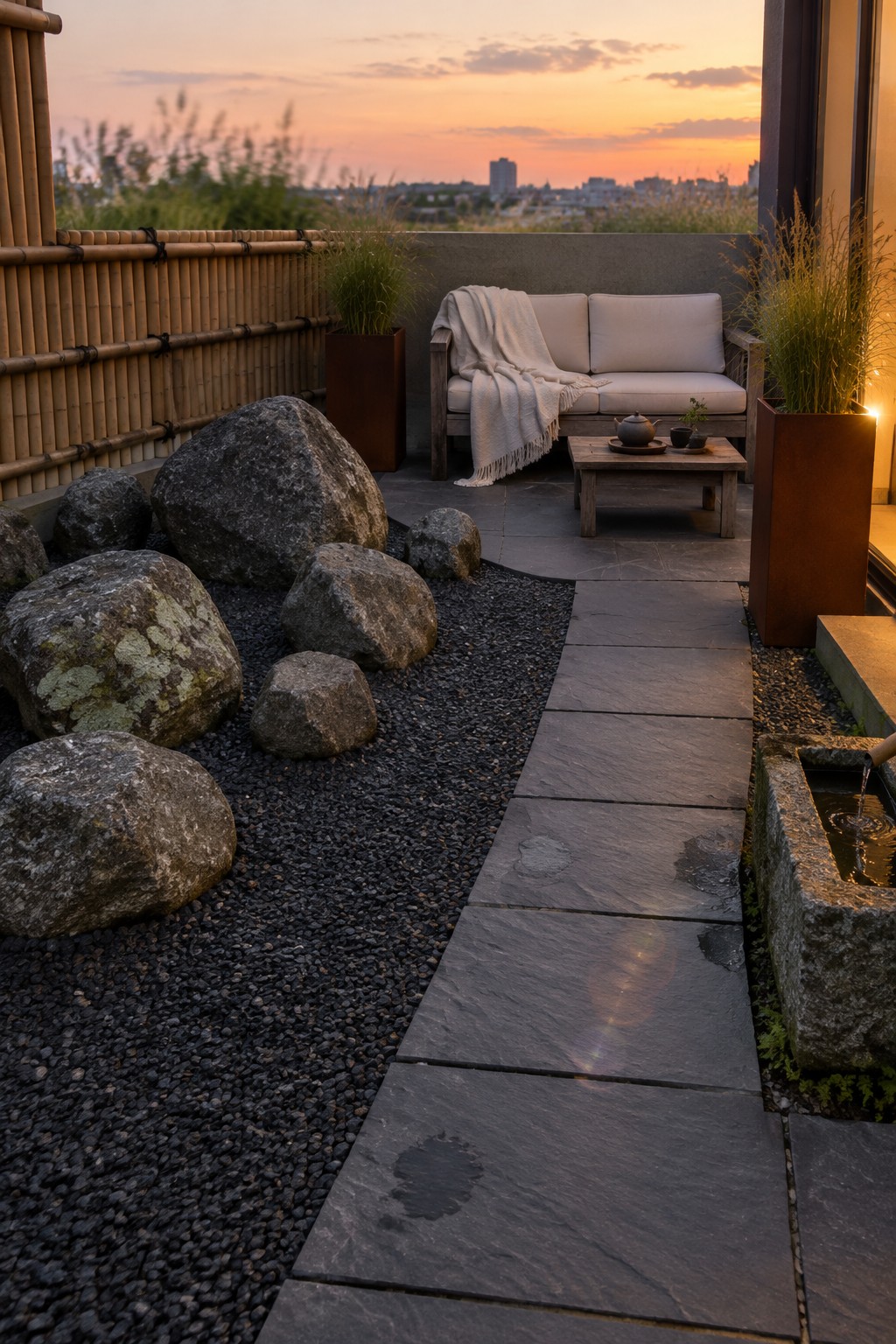 A rooftop terrace with a path of large dark stone slabs set in gravel beside rocks, leading past a bamboo fence to a seating area with a sofa and low table.