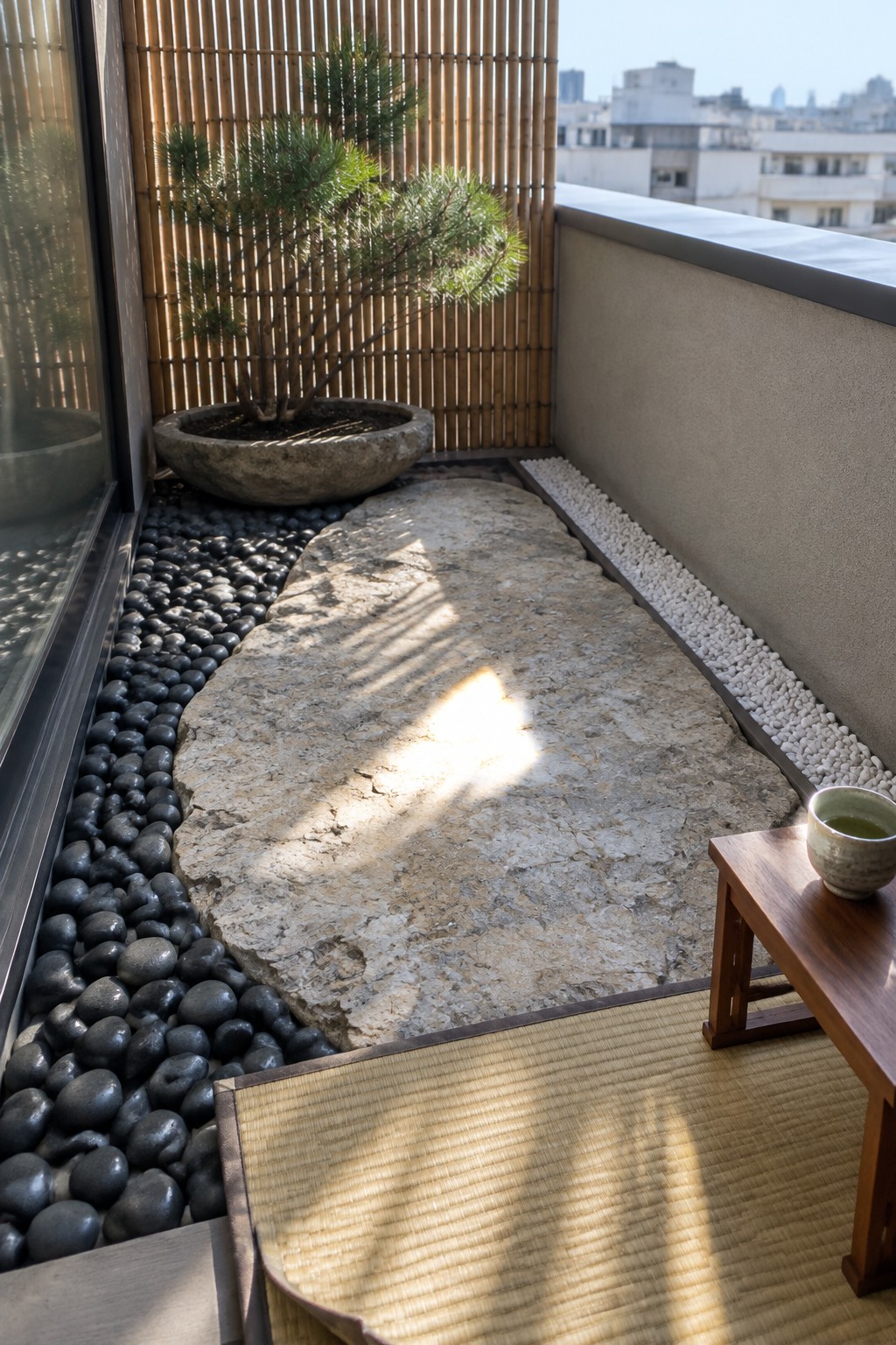 A narrow rooftop terrace features a large irregular stone slab bordered by black pebbles on the left and white gravel on the right, with a potted pine against a bamboo screen and a tatami mat holding a low wooden table in the foreground.